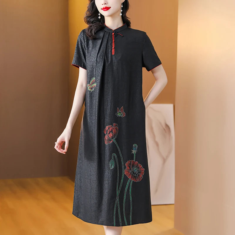 2023 New Vintage Silk Printed Dress Women's High End Fashion Chinese Style Loose Fit Casual Party Dress Vestidos