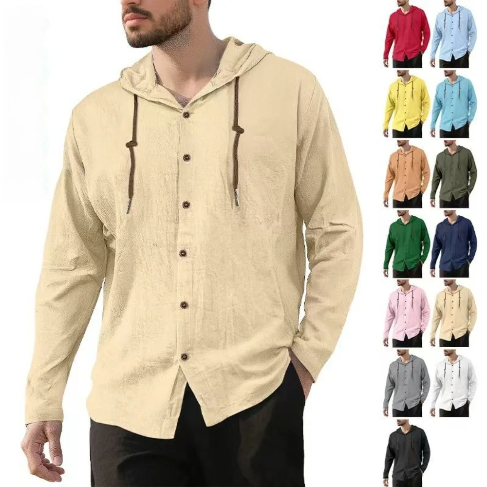Beach Vacation Drawstring Hood Button Front Long Sleeve Textured Shirt Loose Lightweight Breathable Sweatshirt for Men Clothing