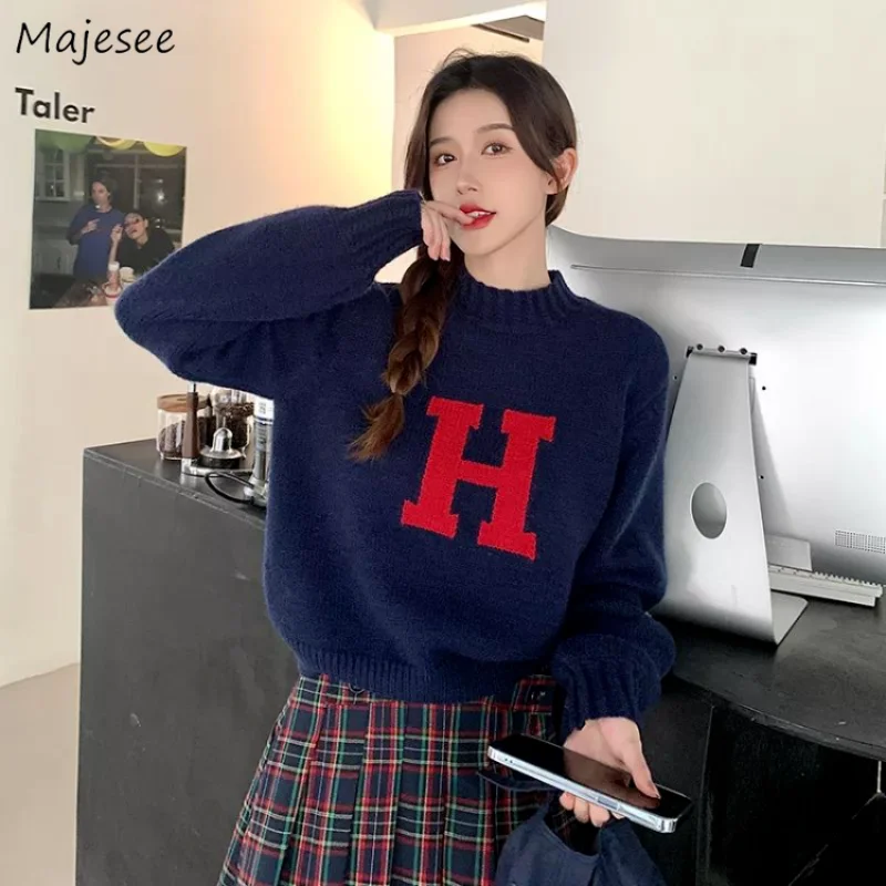 

Pullovers for Women O-neck Letter Cropped Autumn Warm Cozy Harajuku All-match Korean Style Tender Ladies Classic Свитер Fashion