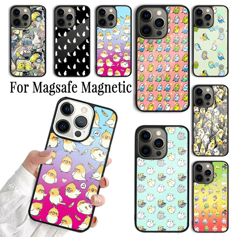 Coque Phone Case For iPhone 16 15 14 13 12 11 Pro Max Plus Magsafe Magnetic Wireless Charging Cover Cartoon Cockatiel Collage