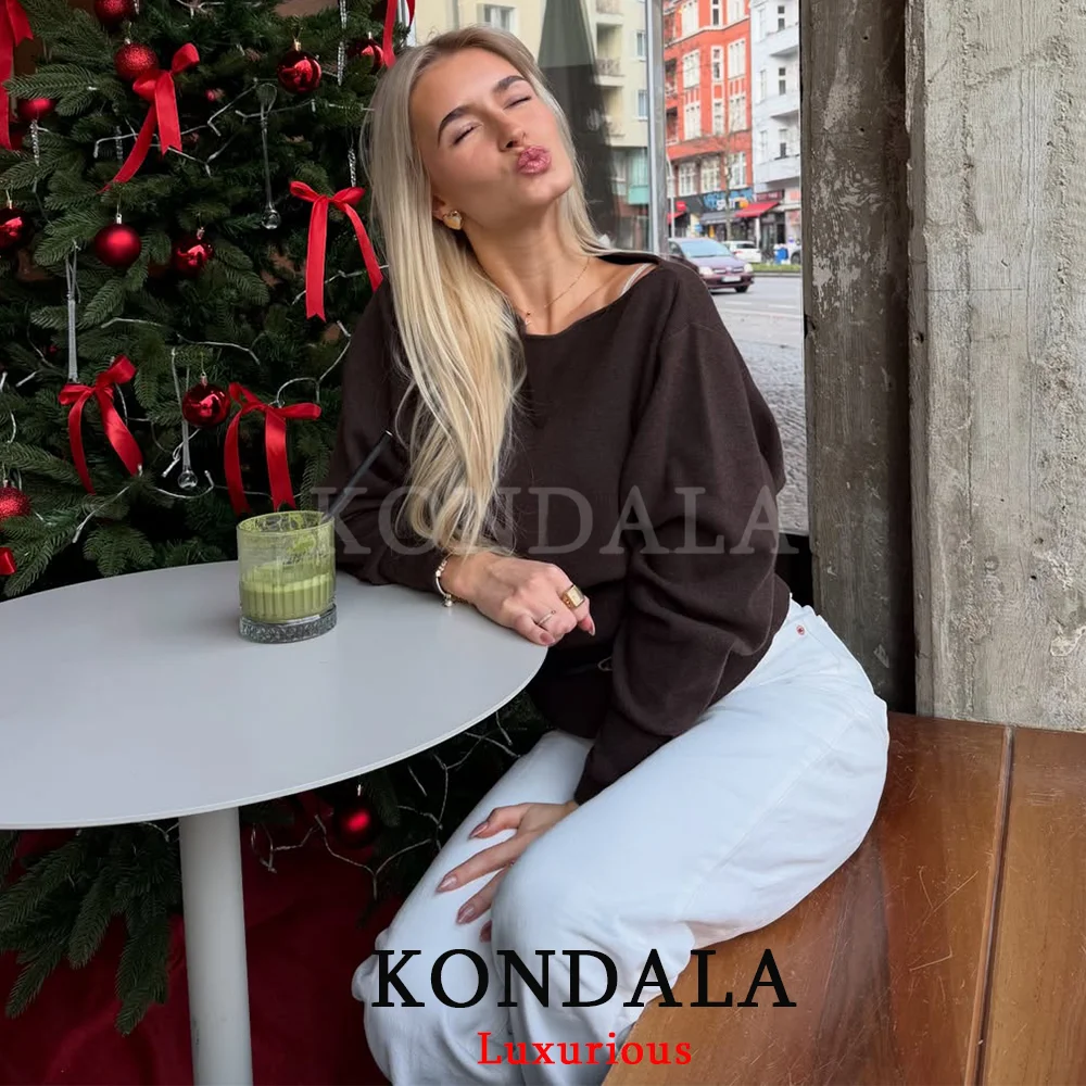 KONDALA Chocolate Brown Knit Sweater Women Long Sleeve Slash Neck Loose Sweater Fashion 2026 Spring Elegant Belt Soft Tops