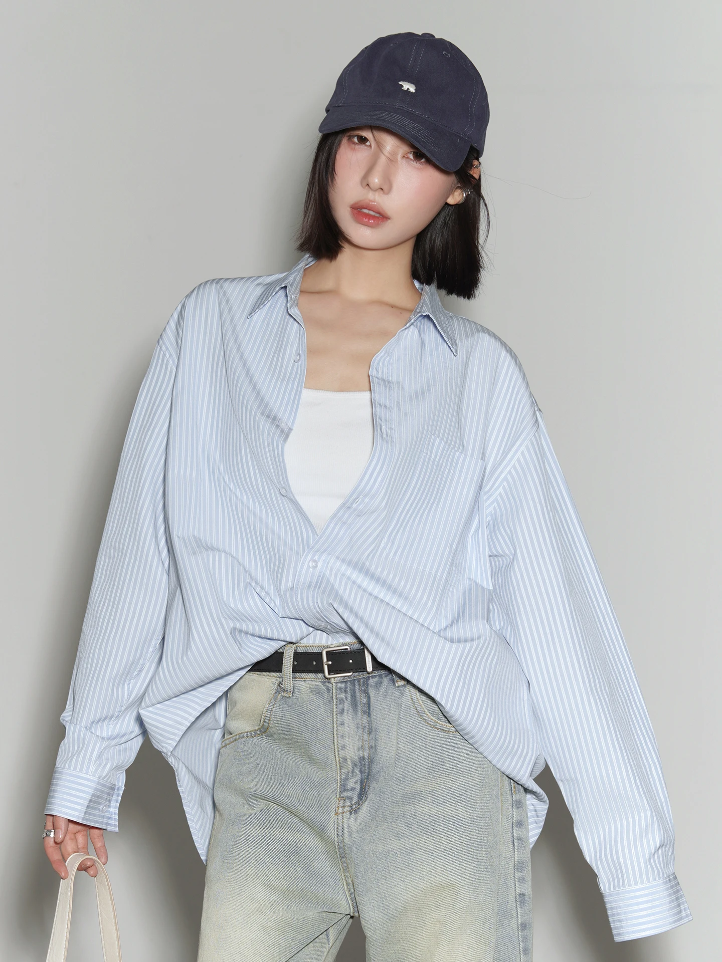 

Blue Striped Loose Fit Neutral Sle Women's irt Spring 2026 New Arrival Casual Cotton Polyester Blend Long Sve Button up