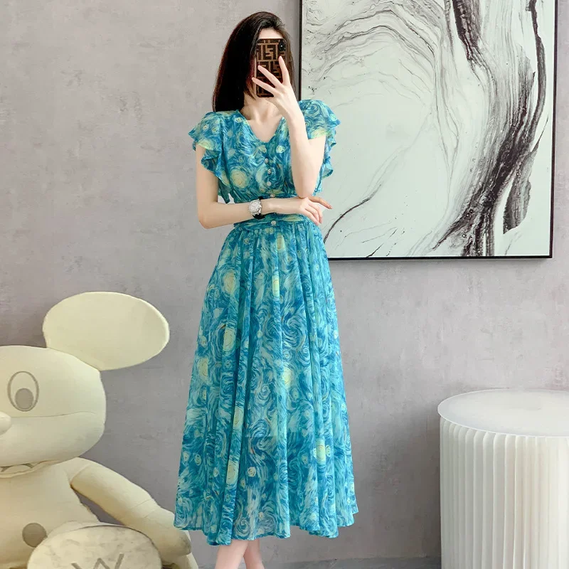 Summer Women Dresses Elegant Print Boho Beach Dress Temperament Sundress Short Sleeve Casual Elegance Dresses for Women Vestidos
