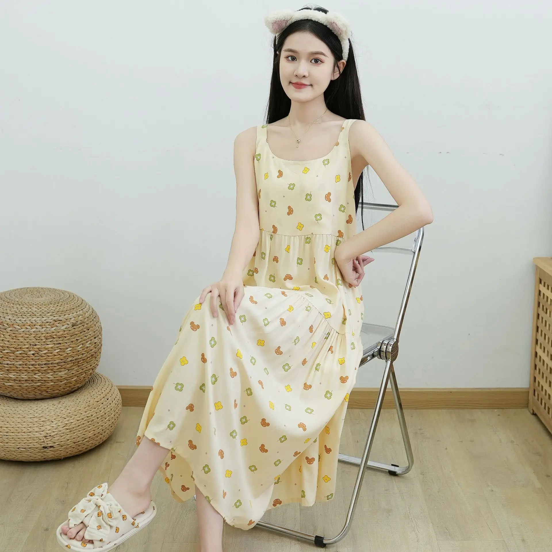 New Sexy Nightgown Sleeveless Pajamas Summer One Piece Dress Sleepwear Outside Nightdress Girl Home Dress Women's Home Clothes