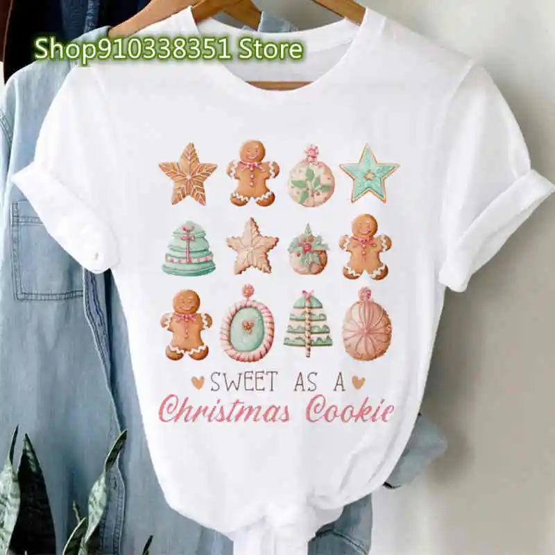 Women's Christmas Cookies for T Shirt Santa New Year T-shirt Female 2024 Cartoon Print Merry Christmas Ladies Top Custom Tshirt