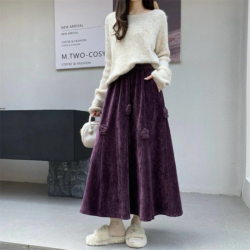 YZJNH 2026 Autumn/Winter New Skirt Women's Deep Purple Half length Skirt Three Dimensional Flower Elastic Waist Large Size Skirt
