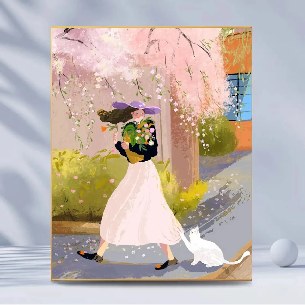 Hand -filled color spring day girl cat oil color painting tulip cherry cure simple hanging digital oil painting