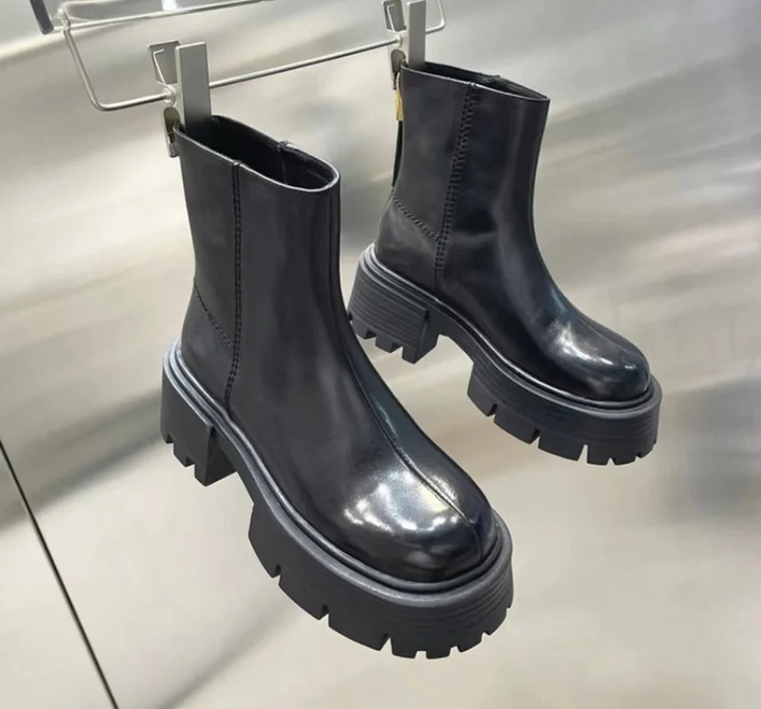 Botines de tacón alto con punta redonda para mujer, botas de plataforma con cremallera trasera, novedad de 2023