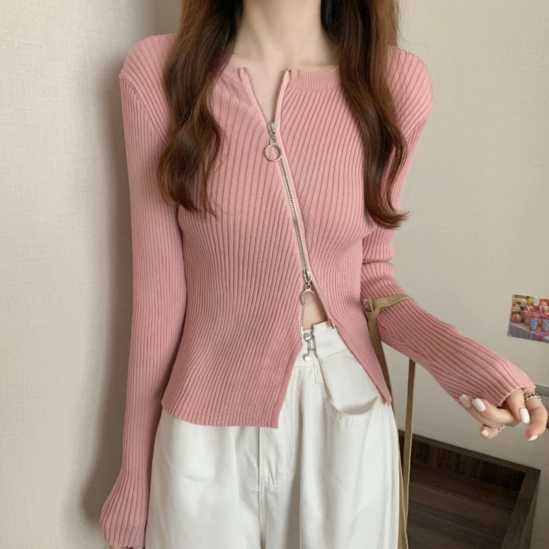 Cardigans Women Solid Asymmetrical Zip-up Swearers Y2k Female Spring Autumn Basic Knitted Clothes Slim Fashion Daily All-match