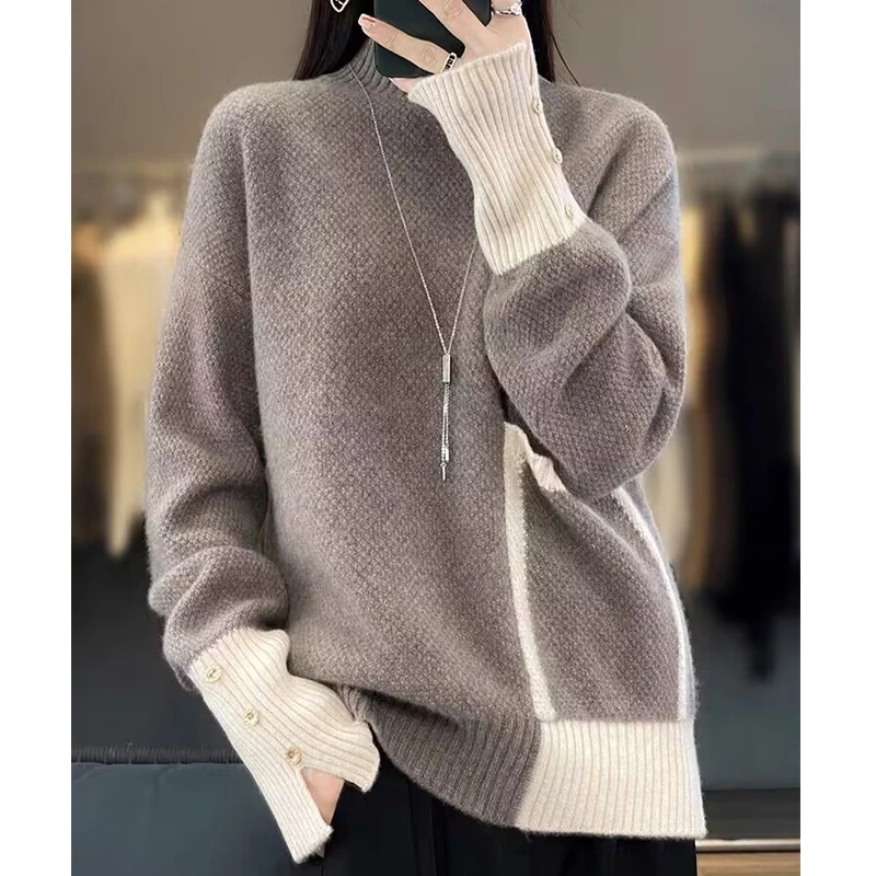 

Casual Loose Long Sleeve Sweater Autumn and Winter Split Patchwork Knitted Pullover Outerwear Fashion Turtleneck Lady Tops 28923