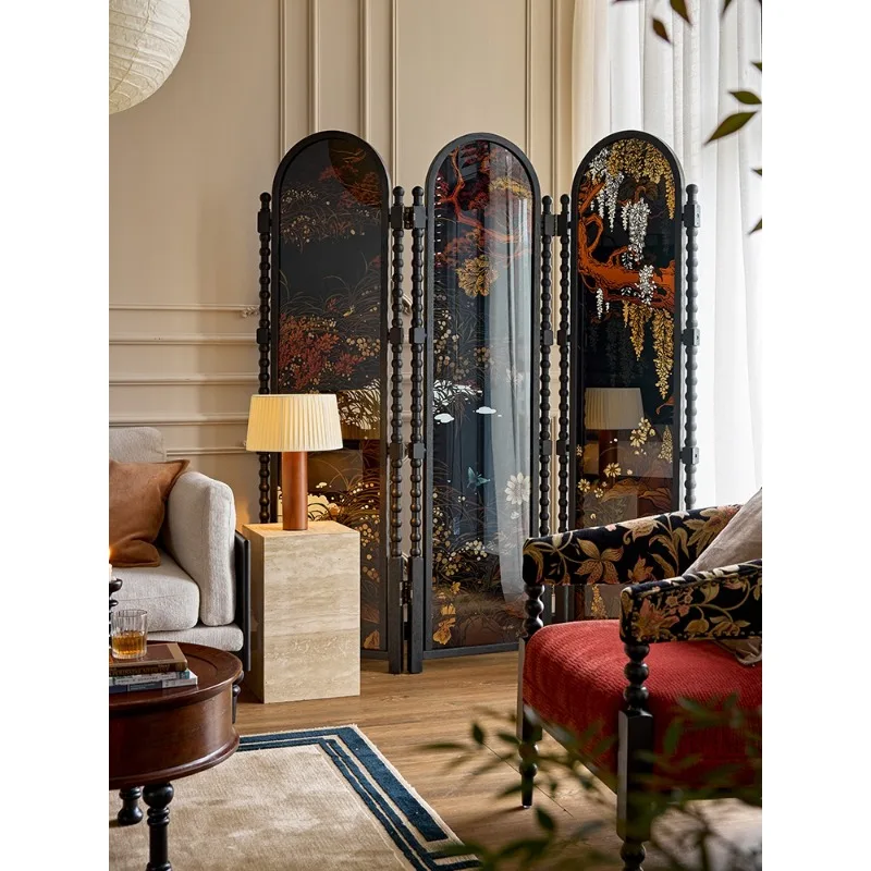 Luxury Vintage Room Divider Oriental Lacquer Folding Privacy Screen Elegant Carved Partition for Living Room & Entryway Decor