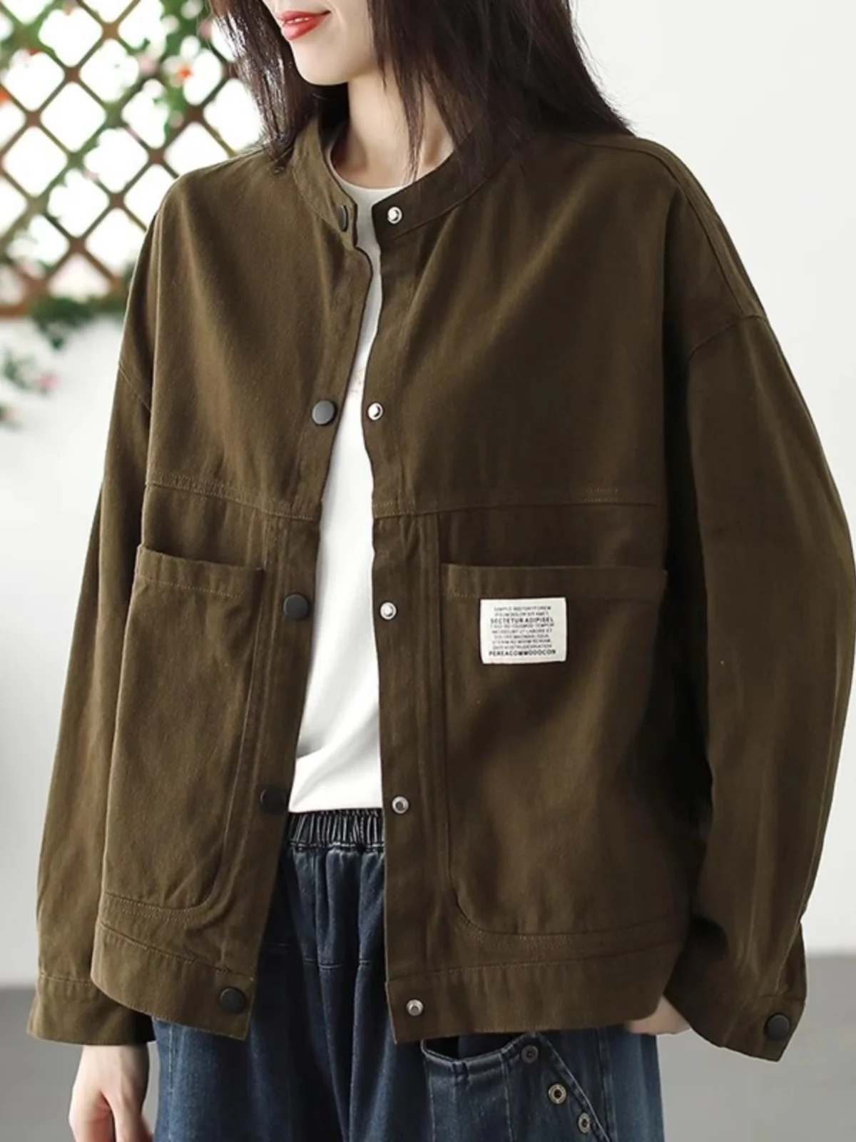 

Loose Women's Cotton Jaet with Large kets Workwear Sle ort Coat Artistic Faion Women's Clothing Stand Collar