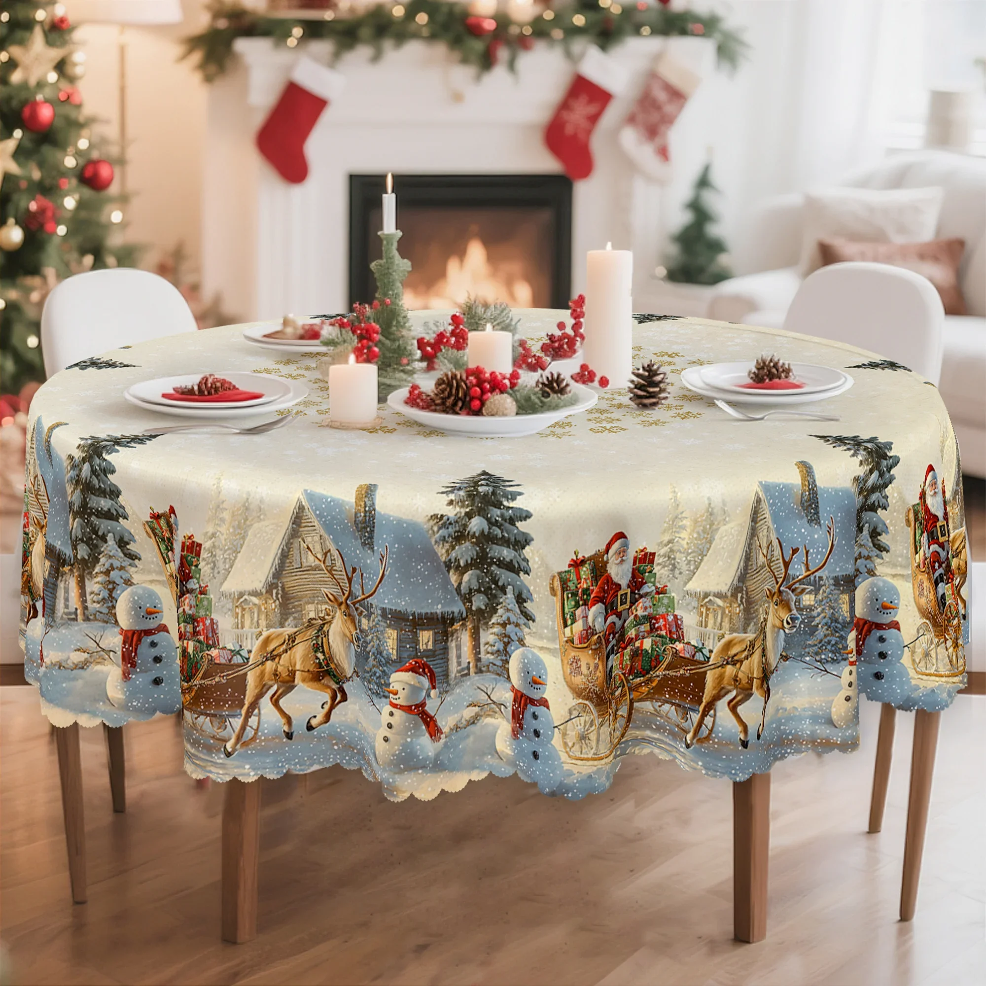 Single pack, Christmas, winter ice tablecloth, yellow decoration, with patterns of Santa Claus, reindeer and snowmanzyc