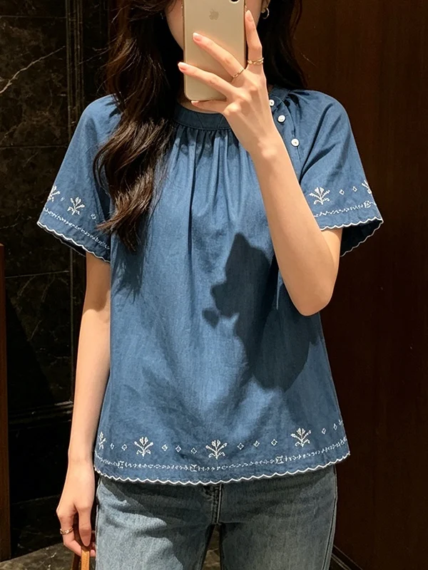 

plus Size Women's Summer New Heavy Embroidery Short Sleeve Shirt Unique Belly Covering Age-Defying Slimming Top Korean Style