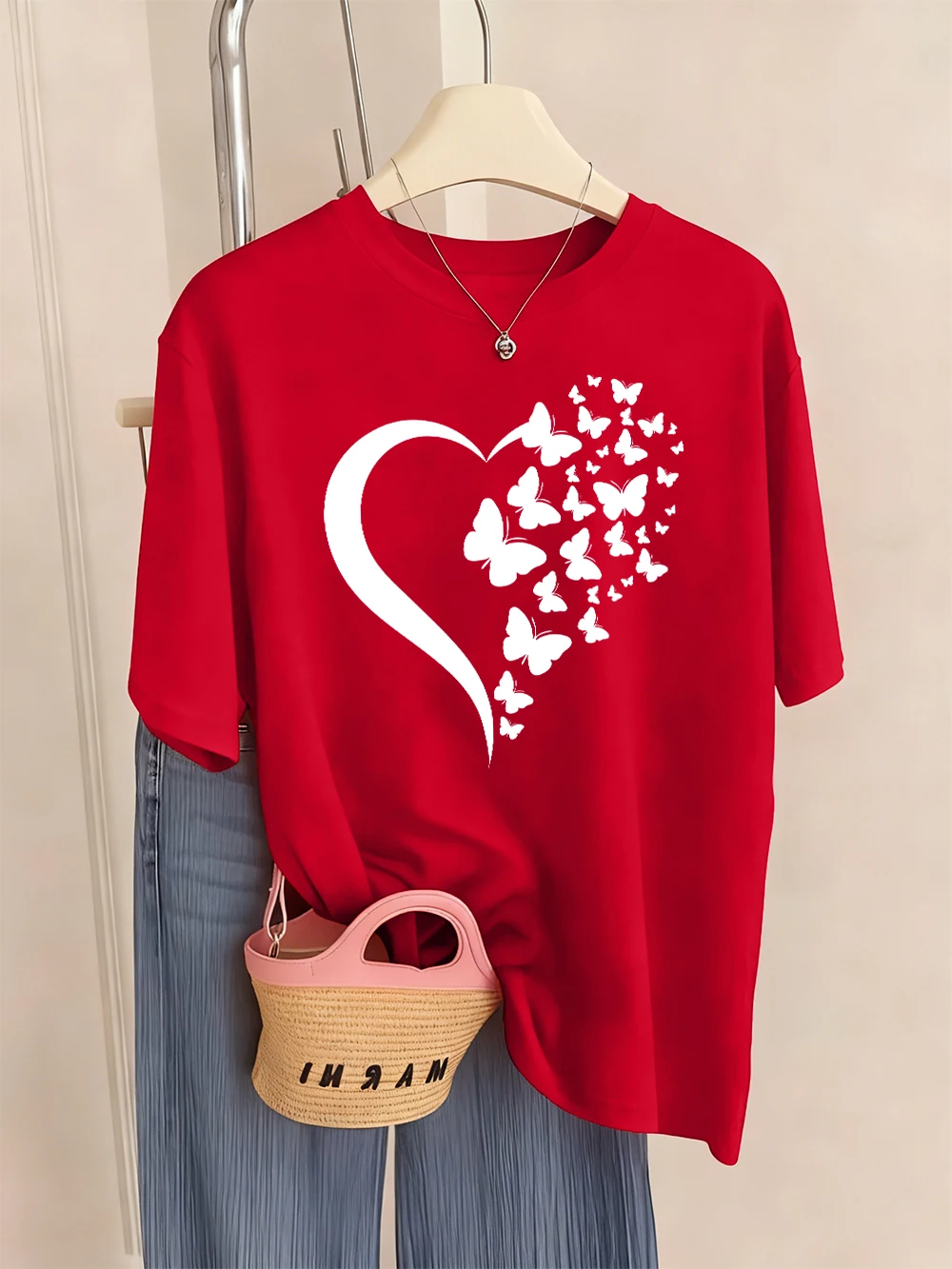 

Женские футболки с принтом в виде сердца-бабочки, повседневные свободные футболки с круглым вырезом, мягкие топы с короткими рукавами, летняя удобная женская одежда