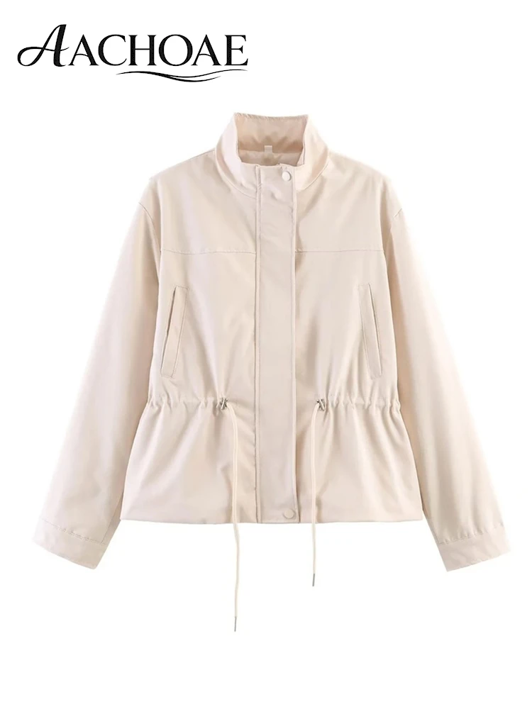 AACHOAE Women's Stand Collar Drawstring Waist Jacket Zip Up Windbreaker Long Sleeve Casual Utility Coat Cropped Outerwear