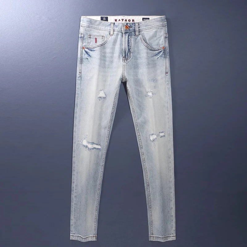 Italian designer fashion new men's jeans scratch washed nostalgic stretch slim fit light blue jeans embroidered pants hombr