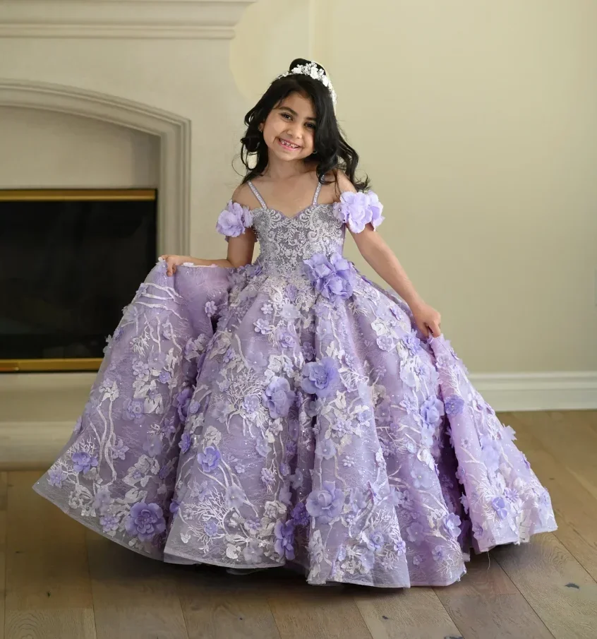 

Lavender Floral Appliques Flower Girl Dresses for Wedding Bead Floor Length Girl Kids Birthday Party First Holy Communion Gowns