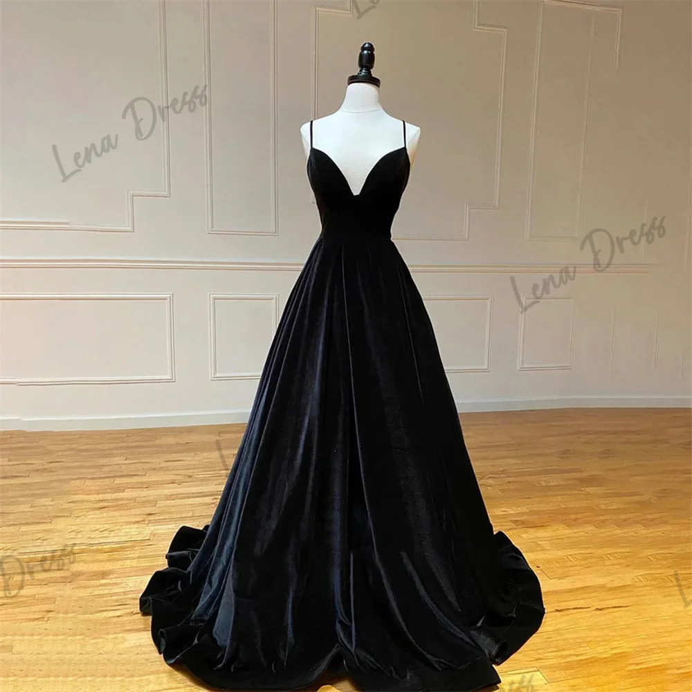 

Lena Black Lily V-neck with Thin Shoulder Straps Formal Long Velvet Special Occasion Evening Dress