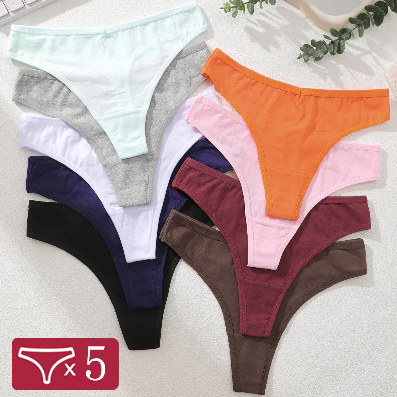 5 Stück/Set Nahtlose Baumwoll-Tangas für Damen, Sexy Niedrige Taille T-Back Unterwäsche, Einfarbige Weiche Atmungsaktive Slips, Damen-Lingerie