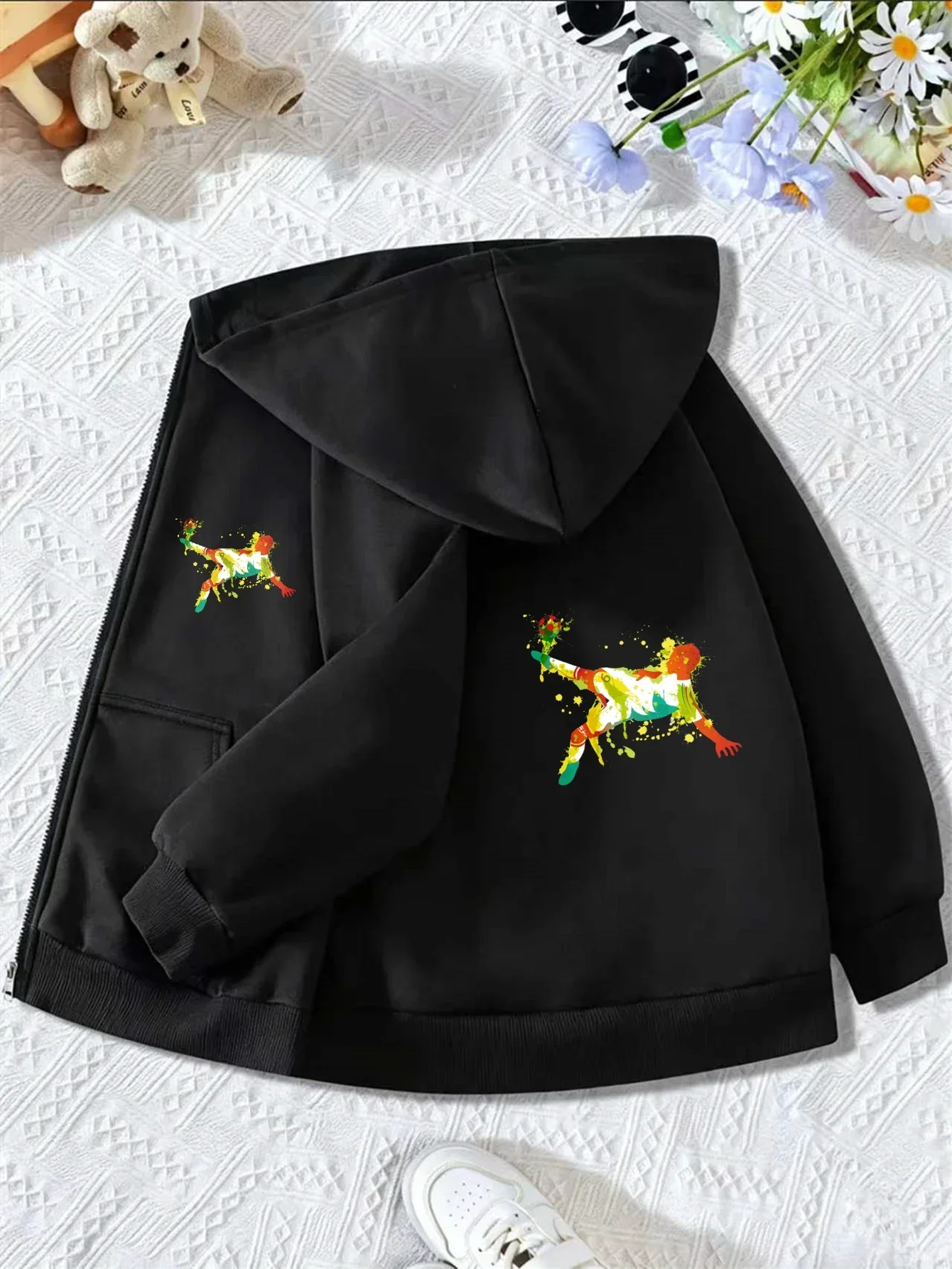 Kids Boys Dynamic Watercolor Football Graphic Zip Hooded Coat Loose Long Sleeve Outdoor Fashion Street Outer Top