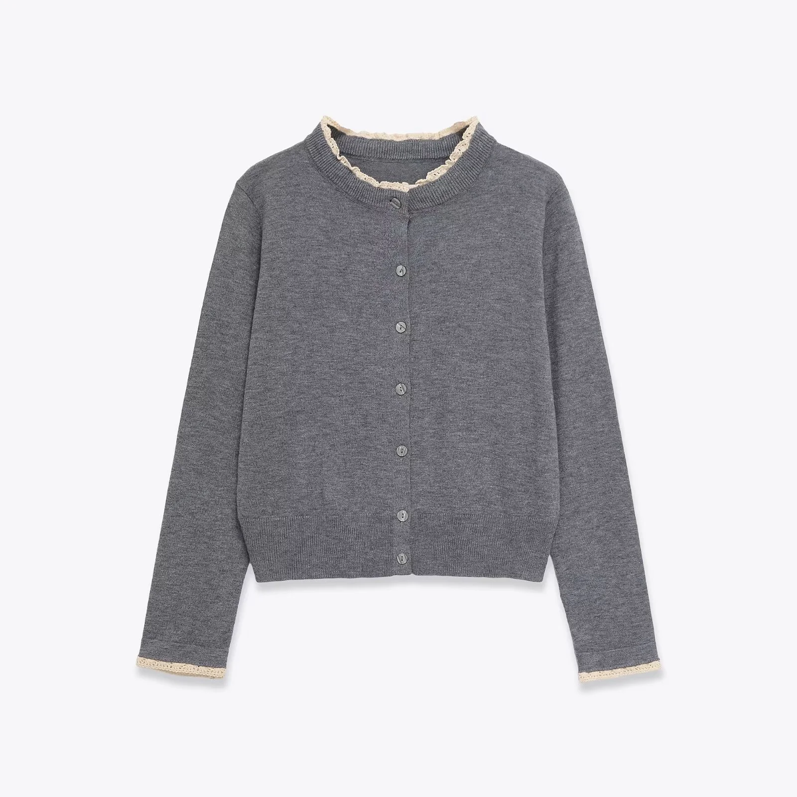 

2025 autumn new women's slim fit contrasting color combination lace splicing round neck long sleeved button knit jacket