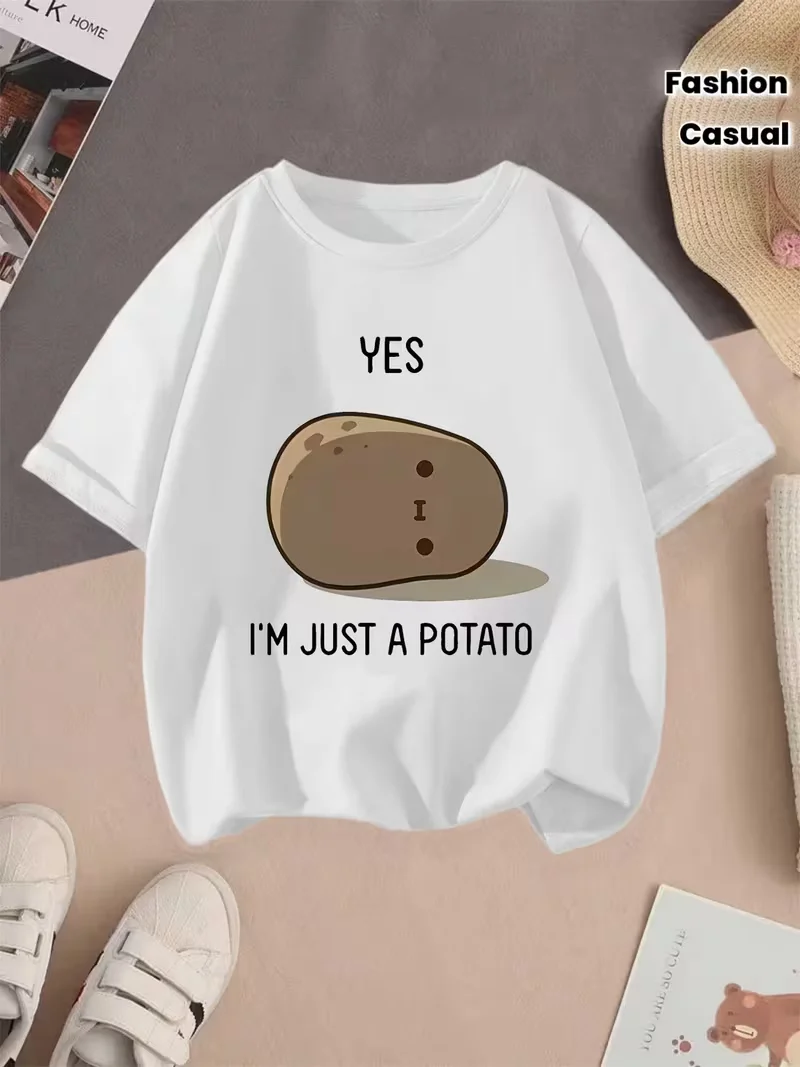 Funny Yes I'm Just A Potato Graphic T-Shirt, Casual Short Sleeve Crew Neck Top,  Cartoon Print Summer Daily Wear Streetwear Tee