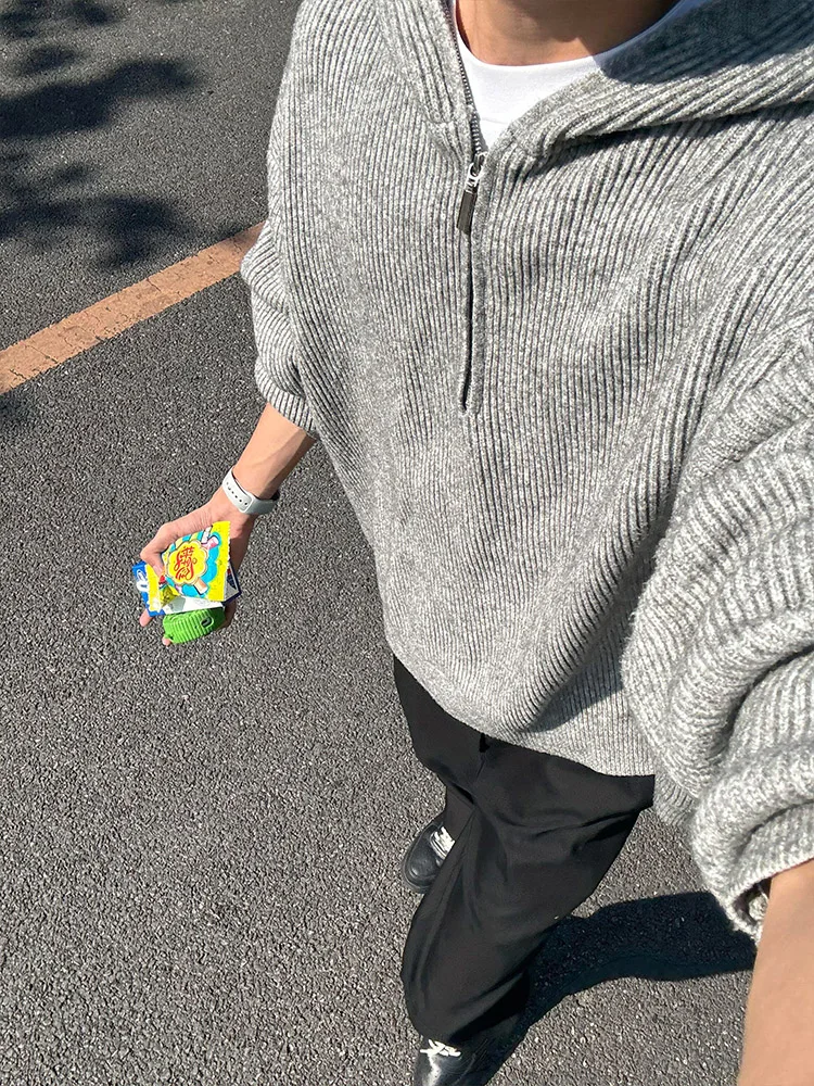 

Мужской вязаный свитер с капюшоном в американском стиле, свободного кроя, на молнии, для весны и осени, повседневный, удобный, в стиле кэжуал.