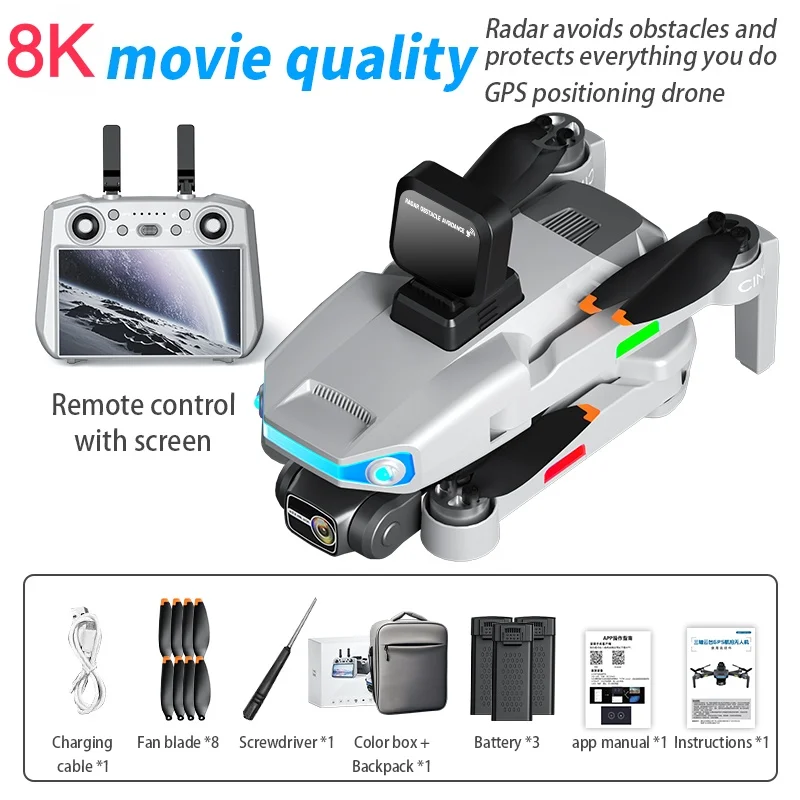 5.5in Touch Screen RC Drone 8K Brushless GPS Return 3 Axis Gimbal EIS Stable Obstacle Avoidance Remote Control Queadcopter