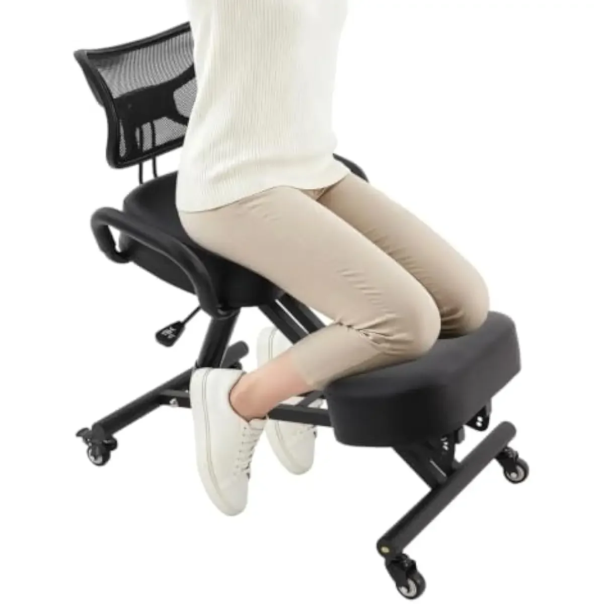 Ergonomic kneeling seat with tilt-adjustable frame steel construction mesh backrest padded knee support height variable 29.92 to