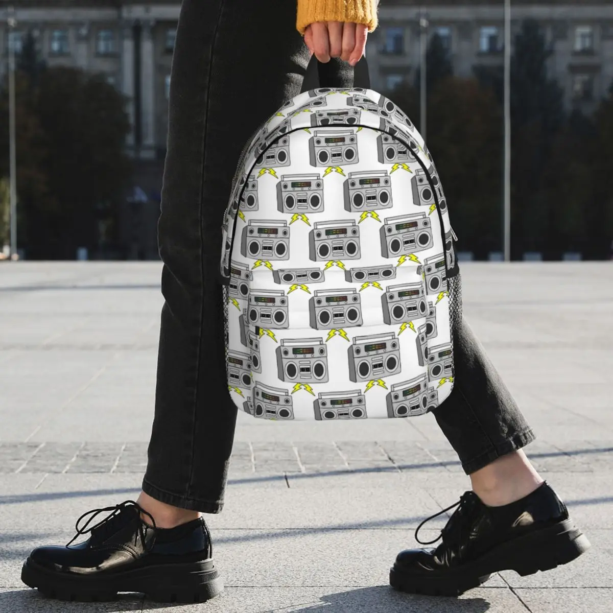 Vintage Grey Cartoon Boombox Backpack Student BookBag Children School Bag Computer Shoulder Bags for Men Women