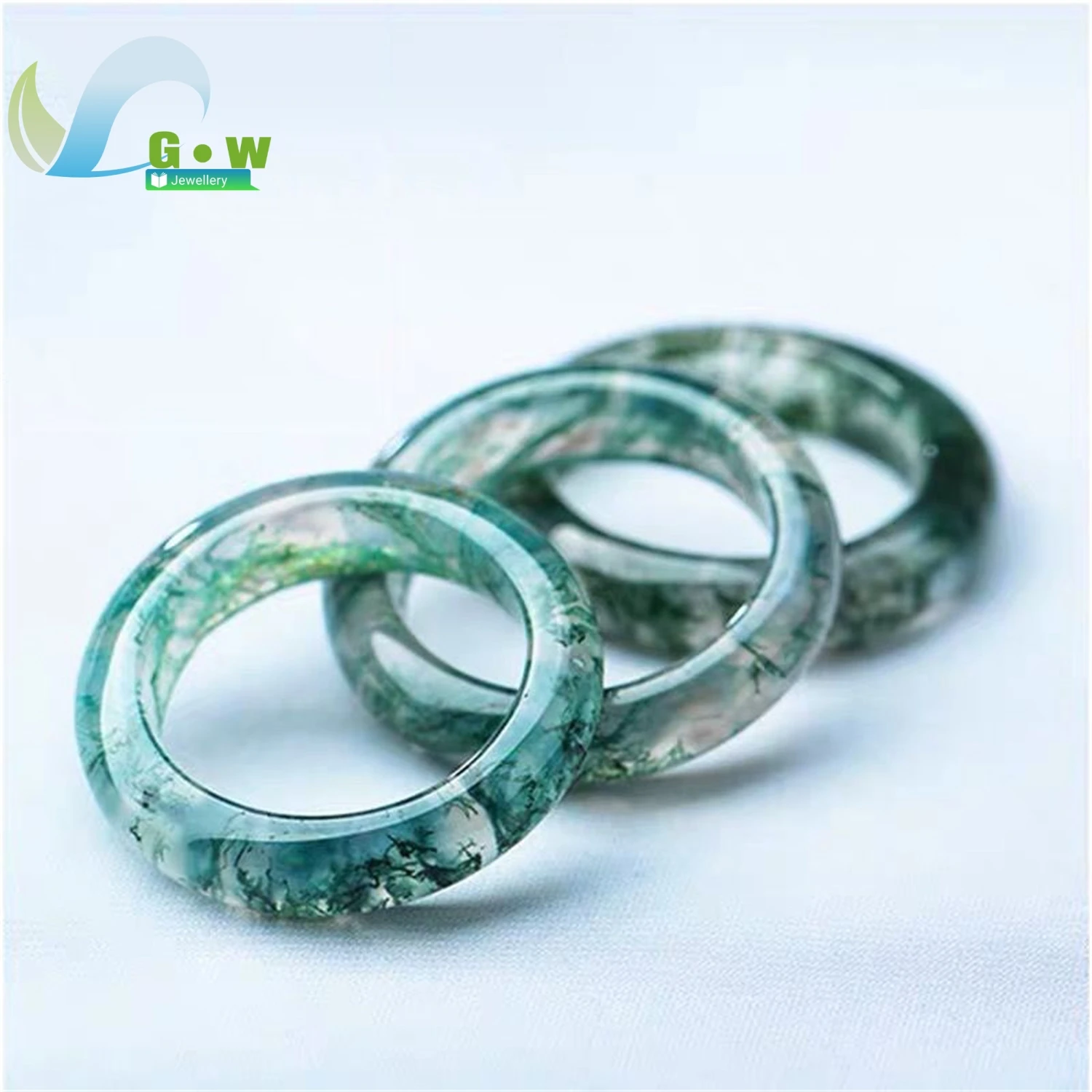 Natural Moss Agate Ring Icy Translucent Floating Patterns Adjustable Stacking Band Unisex Couple Jewelry Gift Green Stone Female