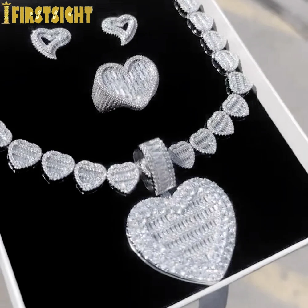 

New Iced Out Bling CZ Heart Necklace12mm Full Paved Cubic Zirconia Pendant Link Chain Choker For Women Hip Hop Luxury Jewelry