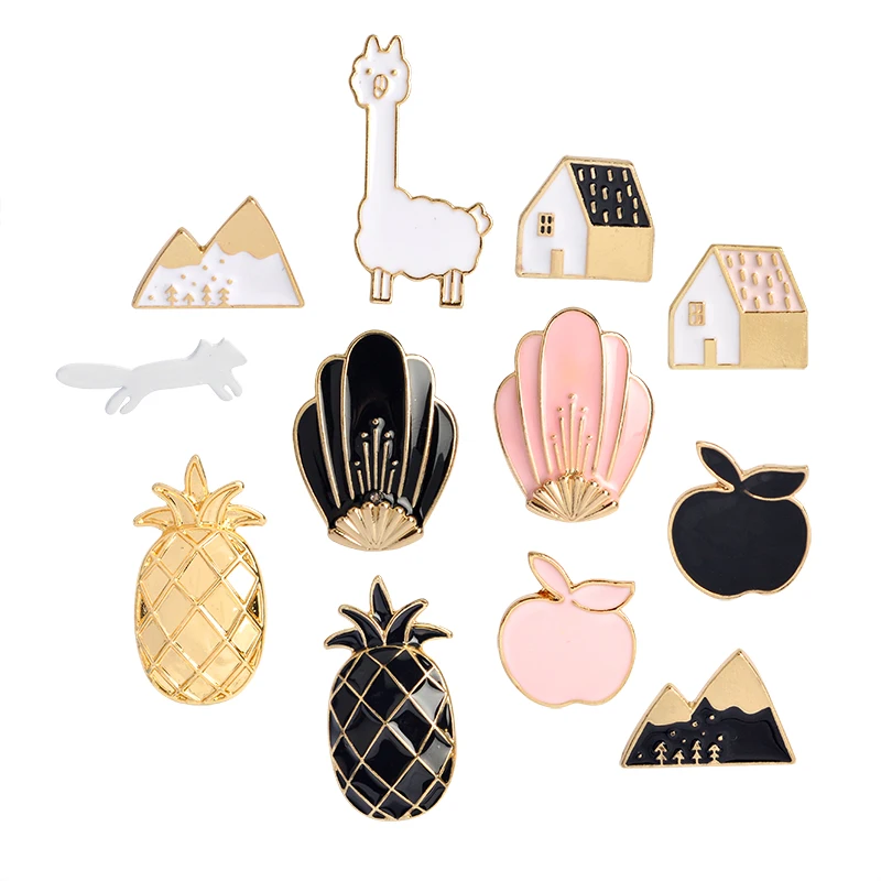 Pineapple Apple House Fox Snow Mountain Shell Brooch Button Pins Denim Jacket Pin Badge Cartoon Fashion Jewelry Gift