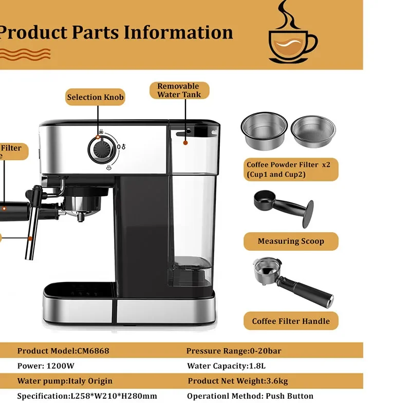 CM6868 Coffee Maker 20 Bar Italian Espresso Machine With Milk Frother Wand for Espresso, Cappuccino, Latte and Mocha 1450W 1.8L