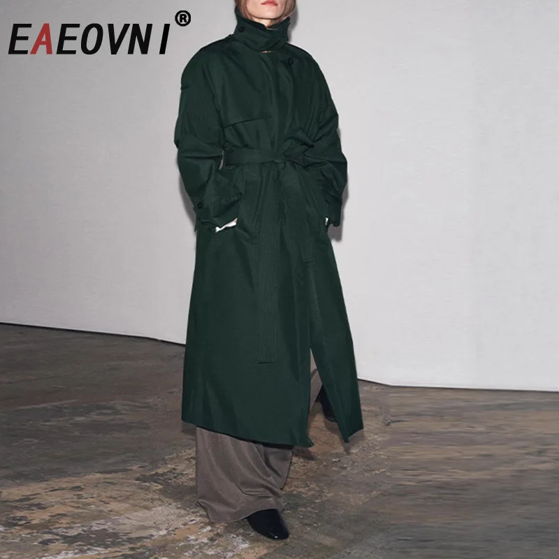 

EAEOVNI Fashion Green Long Trench Coat Women Stand Collar Belt Gathered Waist Windbreaker Temperament 2026 New Clothing
