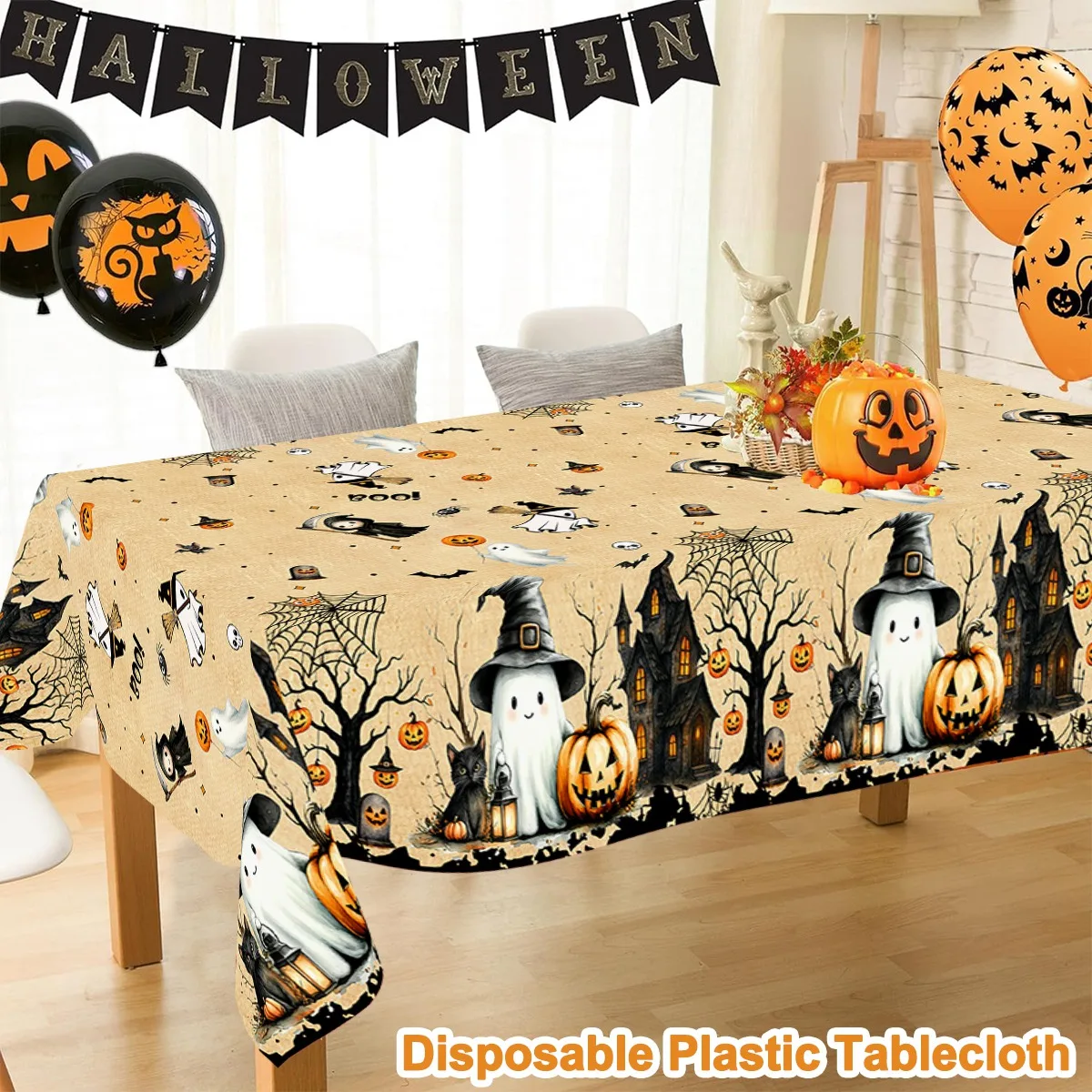 1 Stück Halloween-Tischdecke mit Gruseligen Geistermotiven, Einweg-Plastiktischdecke, Gruselige Spukhaus-Halloween-Tischdekoration – Detail 8