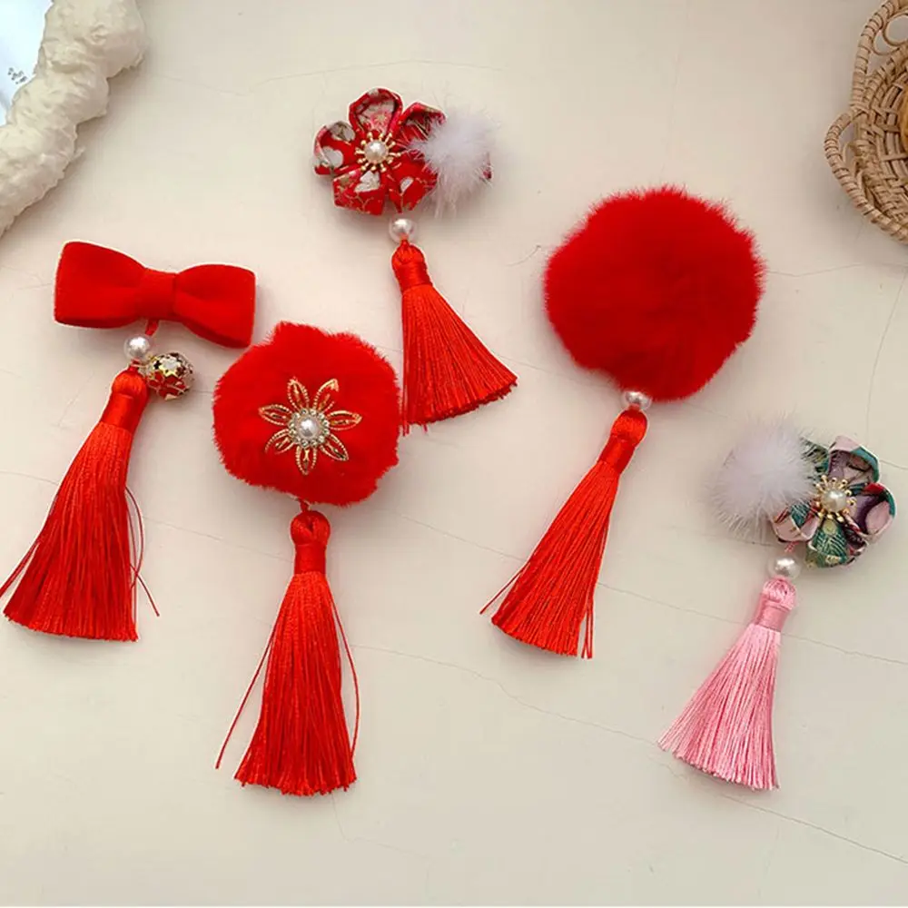 Sweet Festive Hairball Girls Bowknot Antiquity New Year Hair Accessories Plush Hair Rope Children's Headwear Duckbill Clip