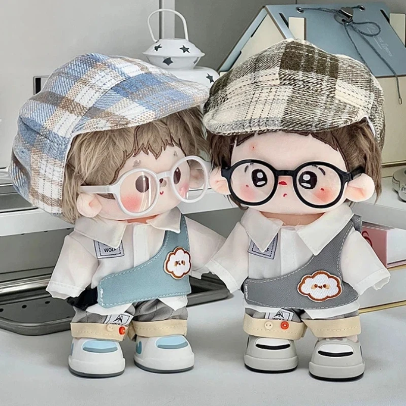 

For 20cm Cotton Doll Clothing Cool Casual Wear With Checkered Beret White Shirt Pants Cartoon Doll Dressing Clothing Accessories