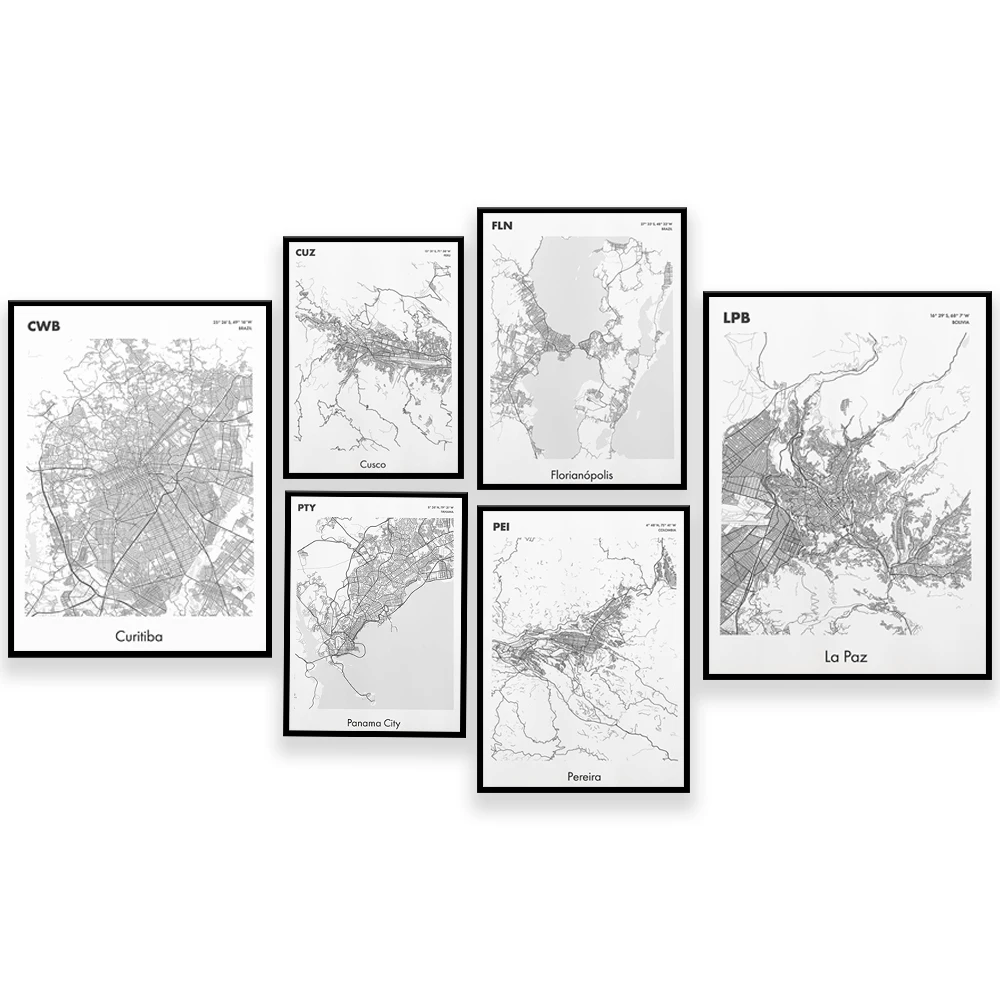 

Curitiba Brazil map, Florianópolis city, Panama City, La Paz Bolivia, Cusco Peru, Pereira Colombia printable street map poster