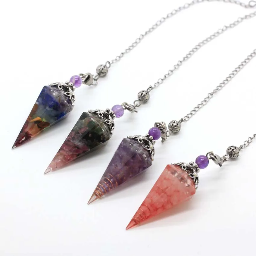 Charms Natural Healing Crystal Chip Stone Orgonite Resin Pendulums for Dowsing 6 Faceted Hexagon Amethyst Spiritual Jewelry