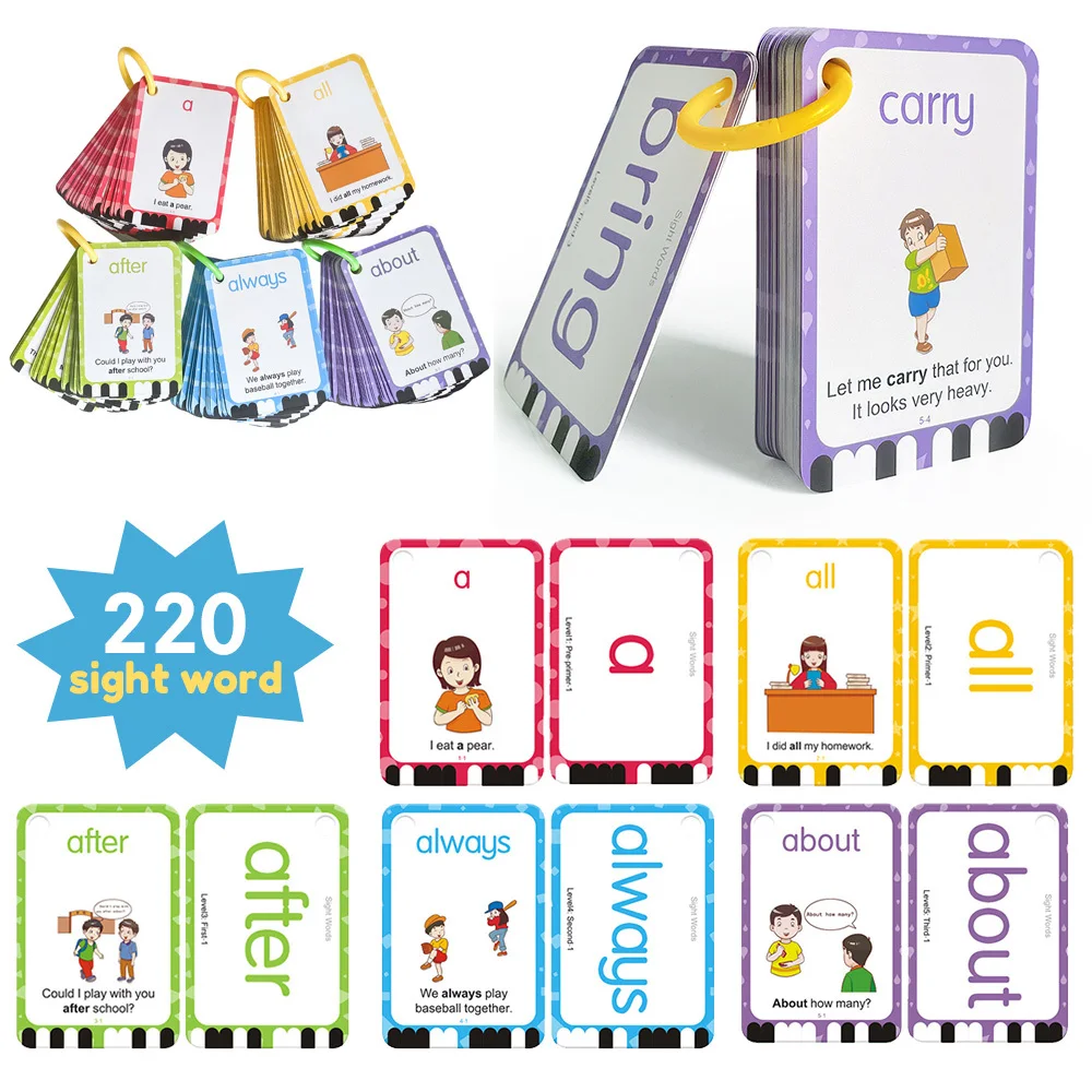 

220 Vibrant Sight Words Flash Cards with Pictures & Sentences High Frequency Site Words Kids Preschool Learning Flashcards