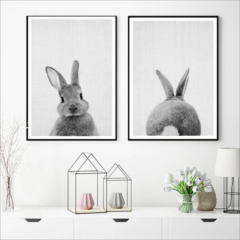 Toile imprimée et affiche d'art en queue de lapin, Animal de bébé noir et blanc, peinture sur toile de lapin des bois pour pépinière, décoration murale nordique
