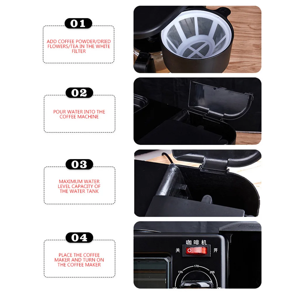 فرن كهربائي 3 في 1 ماكينة صنع الإفطار متعددة الوظائف ماكينة صنع القهوة بالتنقيط الخبز المنزلية البيتزا مقلاة محمصة