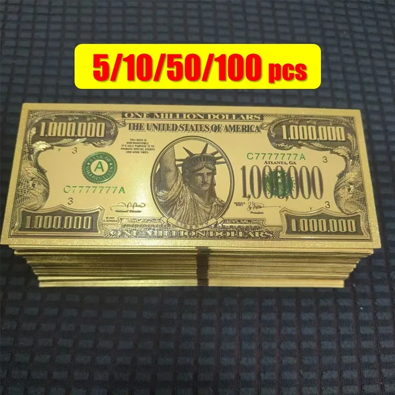 5 ~ 100 Uds. Billete de Nueva América, billete de EE. UU. de 1 millón de dólares chapado en oro de 24 quilates para colección, grandes regalos
