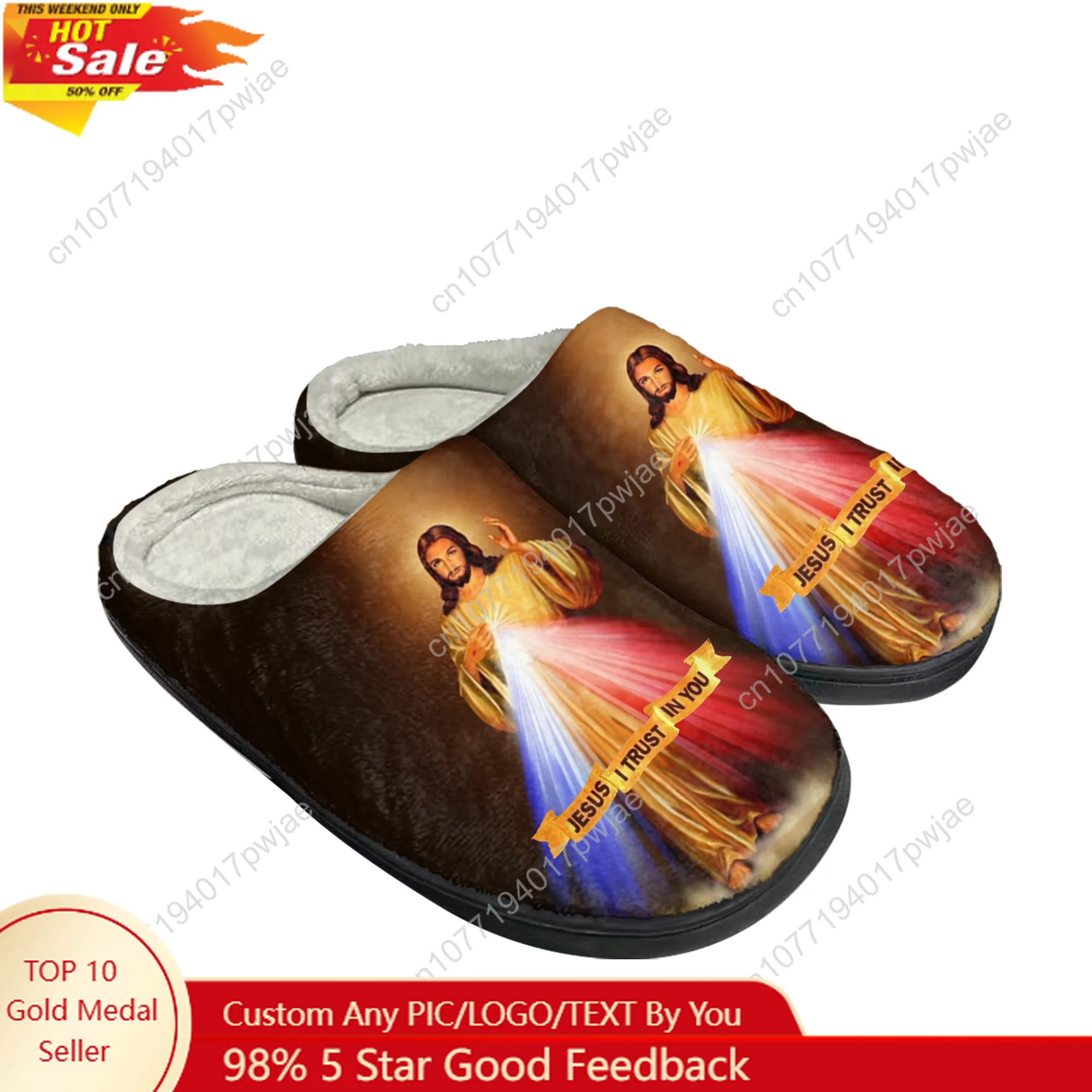 

DIY Christian God Religion Jesus Printed Cross Home Cotton Custom Slippers Mens Womens Plush Bedroom Casual Keep Thermal Slipper