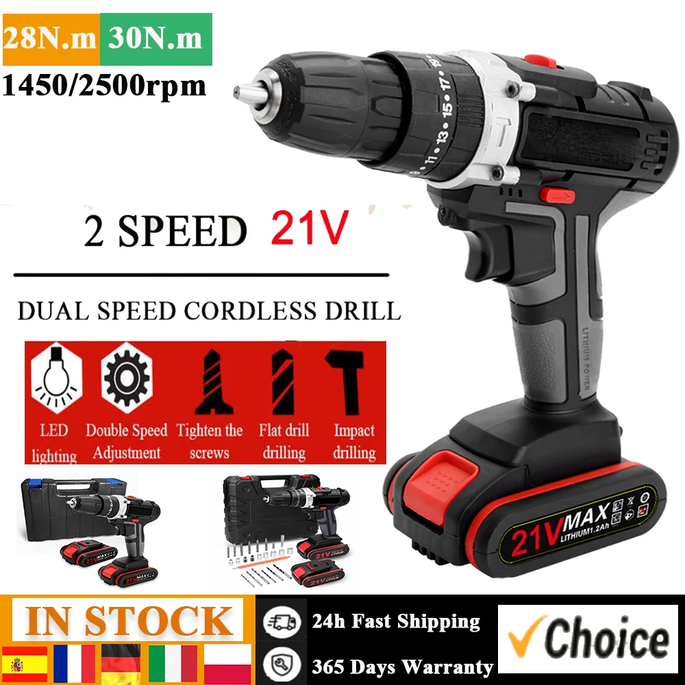 21V Impact Electric Cordless Drill High-power Lithium Battery Wireless Rechargeable Hand Drills Brush Motor Electric Power Tools