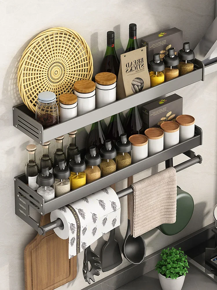 Gun ash kitchen storage rack, non perforated wall hanging multifunctional hook seasoning  comprehensive storage rack