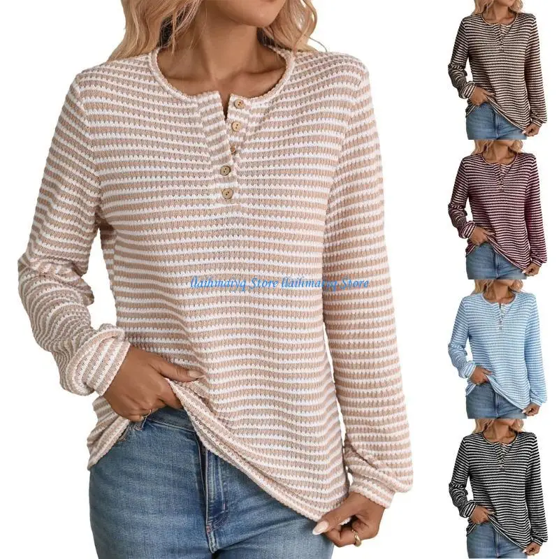 

573B Womens Long Sleeve Shirts Button Neck Stripe Casual Top Loose Fitted Fashion Button Clothes Top