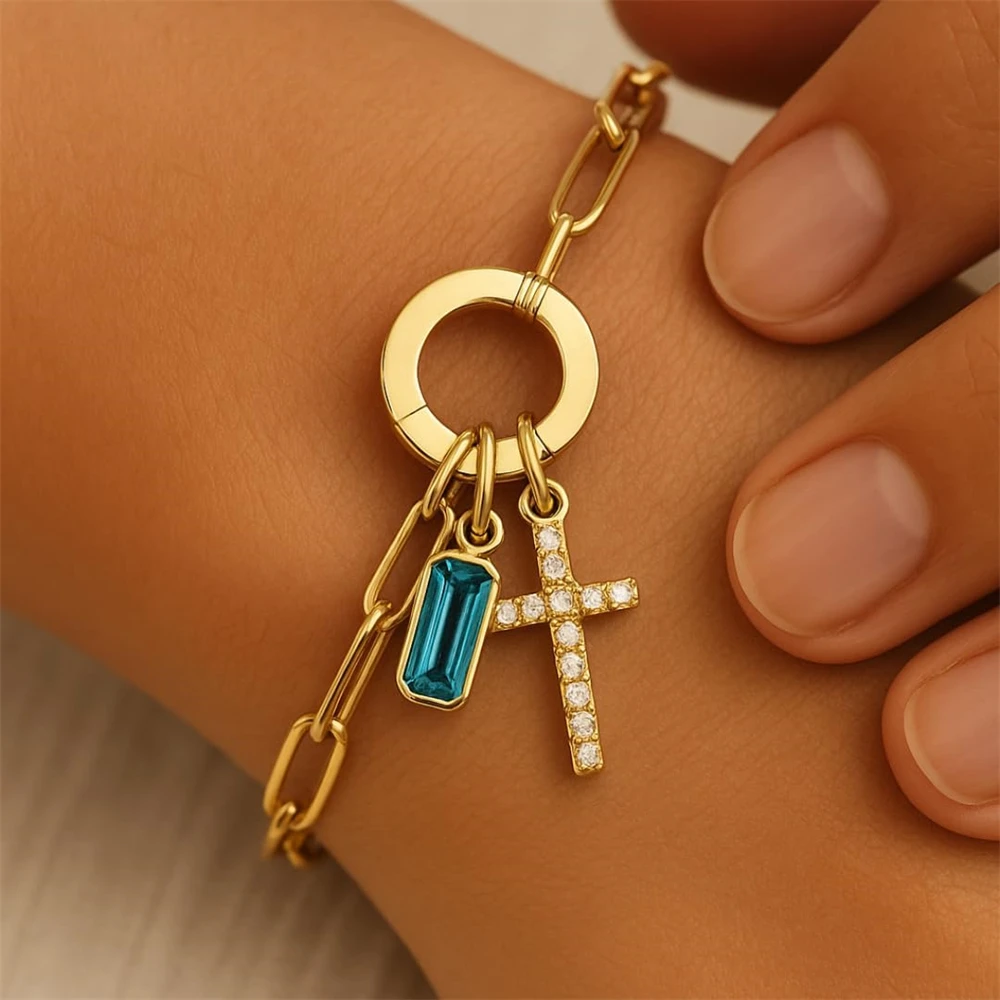 Vintage Stackable Birthstone Bracelet Zircon Cross Charm Bracelet Christian Jewelry for Women Mother Gift